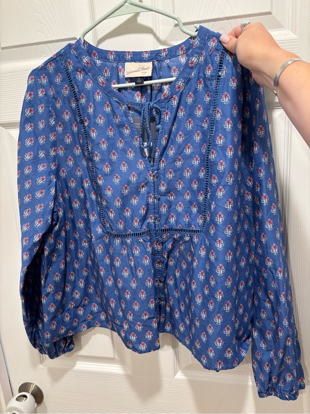American Threads Indigo Floral Tie-Front Boho Blouse
